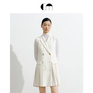 COMME MOI吕燕设计师早春女百褶拼接羊毛时尚马甲连衣裙短裙