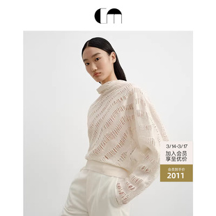 COMMEMOI吕燕设计师春高领绵羊毛廓形舒适镂空破洞毛针织上衣毛衣