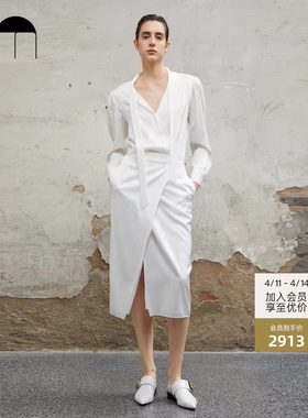 COMME MOI吕燕设计师春夏女装通勤简约白色真丝印花连衣裙