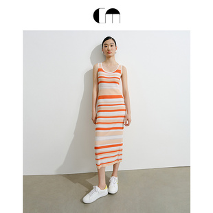 明星同款系列 COMME MOI吕燕设计师早春羊毛U领条纹紧身连衣裙