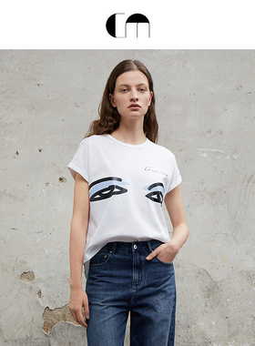 COMME MOI吕燕设计师早春女装白色V领原创印花设计T恤