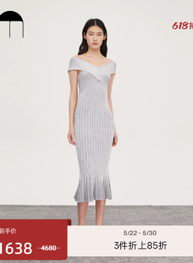 COMME MOI吕燕设计师夏季连衣裙一字领交叉设计灰色女士鱼尾裙