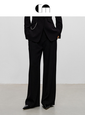 COMME MOI吕燕设计师早春女装垂感舒适通勤长裤黑色亮丝阔腿裤