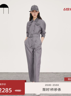 [秀场同款]COMME MOI吕燕设计师夏季灰色PU拼接休闲高腰连体裤