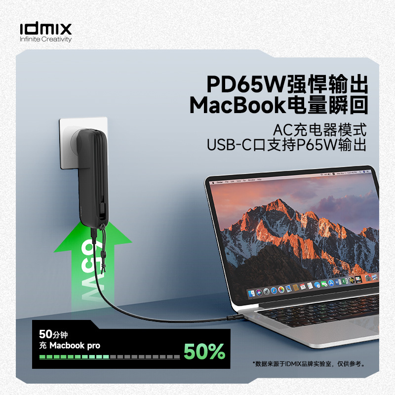 idmix新款氮化镓充电宝65W PD快充自带插头线旅充移动电源CH08pro-封面