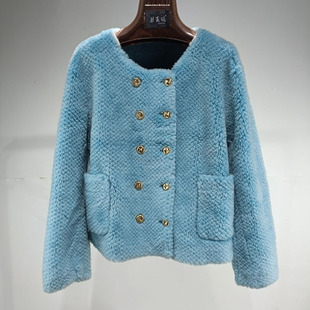 双排扣立体剪花100%羊毛皮草外套颗粒羊剪绒皮毛一体大衣短款圆领