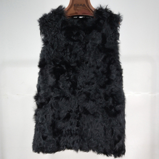整皮羊羔毛皮草外套中长款 女士圆领黑色马甲夹羊卷毛背心坎肩特冬