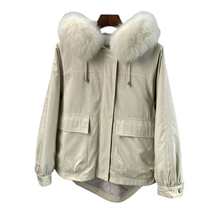 冬装新款女狐狸毛领獭兔绒内胆可拆卸短款派克服连帽皮草外套k117