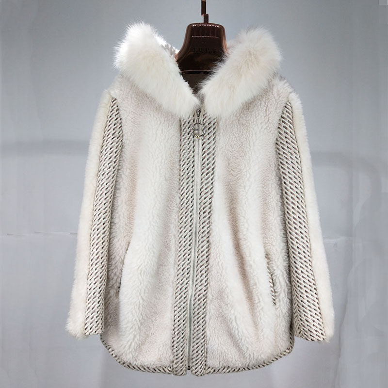 羊剪绒大衣女皮毛一体中长款2021颗粒羊毛狐狸毛海宁皮草外套连帽