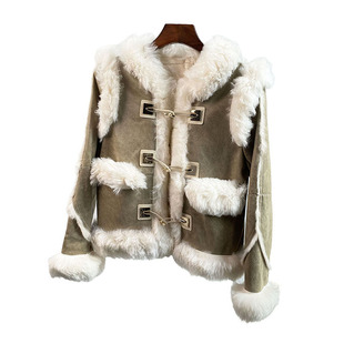 新款休闲撞色兔毛皮毛一体女短款皮草外套时尚百搭托斯卡纳毛领特