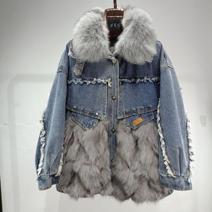 秋冬新款狐狸天然皮毛一体牛仔羽绒派克服外套海宁气质芬兰狐狸毛