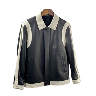 黑白拼接真皮外套 海宁男士 头层绵羊皮皮夹克休闲修身 新款 n53 秋季