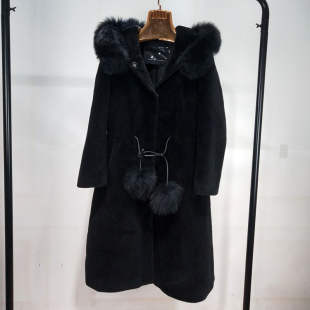 连帽羊剪绒大衣女中长款狐狸毛领新款时尚颗粒羊羔毛皮草外套特价