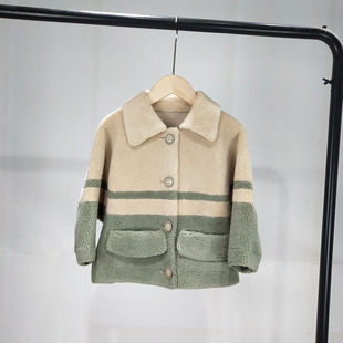 海宁羊剪绒皮草特价 潮流撞色真羊毛外套女童韩版 清 秋冬新款 男童装