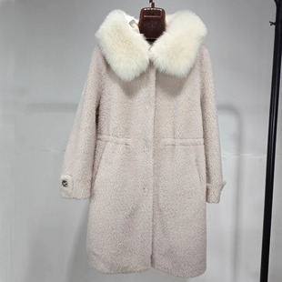 瑕疵处理狐狸毛领颗粒羊毛羊剪绒连帽皮草外套皮毛一体中长款 特价