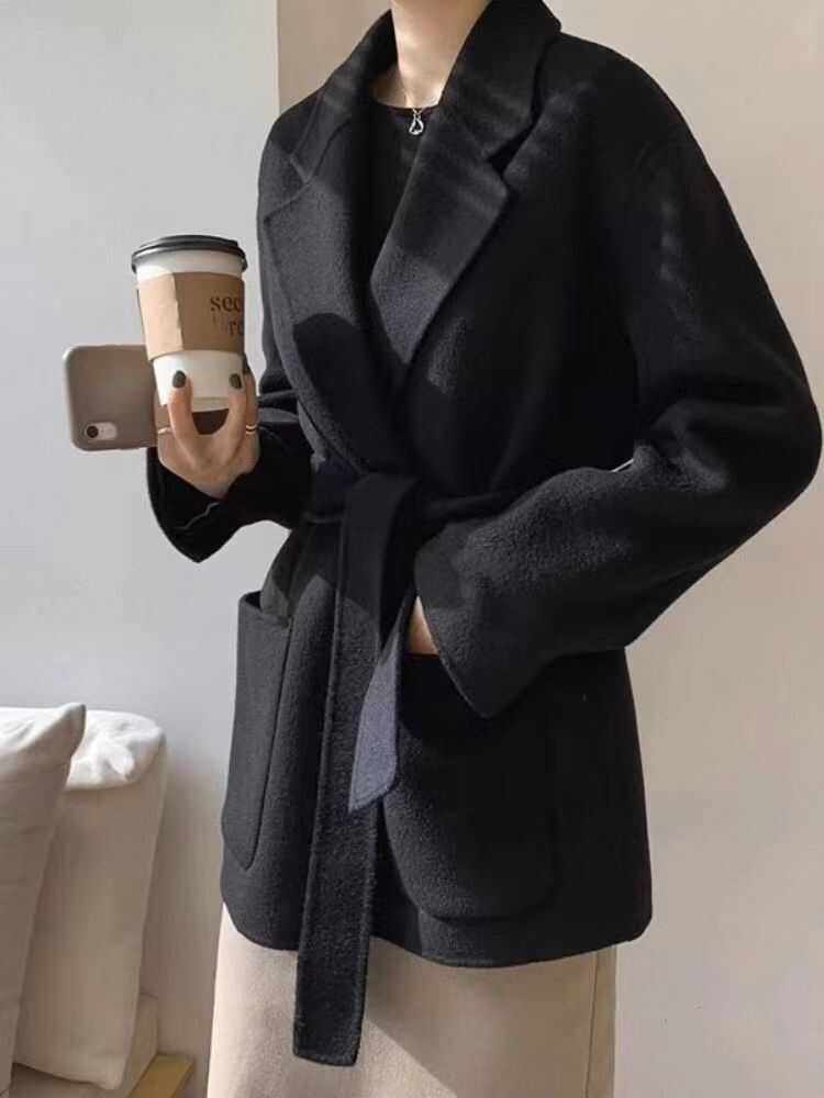 100%羊毛春秋赫本风高端双面呢外套休闲系带呢大衣女腰带款黑色特,女装/女士精品,毛呢外套,淘宝优惠券,粉丝福利购,淘宝优惠卷