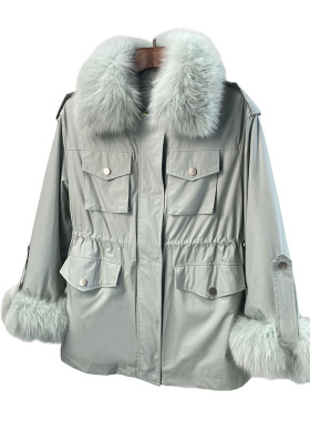 獭兔绒派克服年轻款狐狸毛方领皮草外套女 新皮毛一体秋冬特 k99