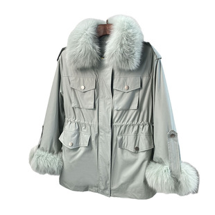 k99 新皮毛一体秋冬特 獭兔绒派克服年轻款 狐狸毛方领皮草外套女