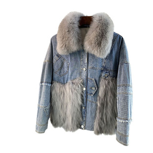 海宁皮革城新款狐狸毛领皮草外套女冬短款休闲白鸭绒牛仔羽绒服特