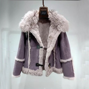秋冬新款时尚真兔皮毛一体托卡羊毛翻领小个子海宁皮草外套短款特