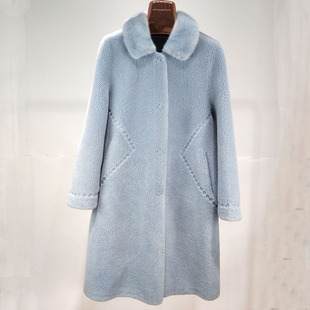 羊剪绒外套女2024新款时尚气质海宁水貂皮毛一体中长款羊羔毛大衣