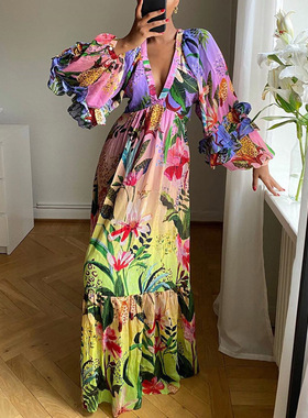 Women's gradually changing color ruffled V-neck sexy dress女