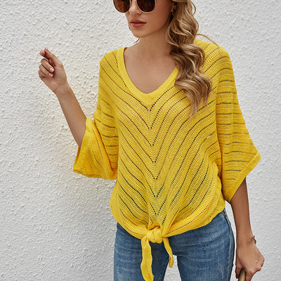 Summer V-neck short sleeved women's bat shirt top, knitted