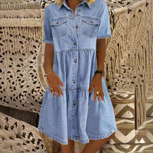 short sleeved long skirt dress collar denim Women vintage