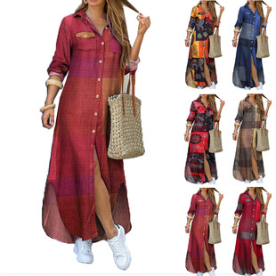欧美外贸宽松连衣裙Women Fashion Sexy Shirt Long Dress Dress