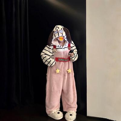 可爱狗连体珊瑚绒睡袍女秋冬季加绒加厚保暖睡衣情侣一体式家居服