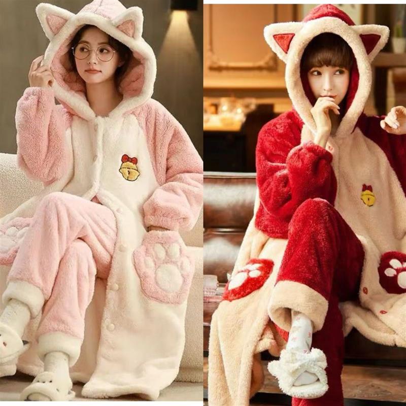 睡衣女瞾冬季睡袍加绒长款连帽绣花套装家居服睡衣女