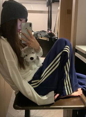 美式松紧腰裤子宽松bf慵懒风高腰直筒休闲裤女秋冬2025新款阔腿裤