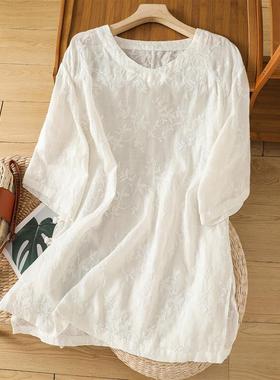 高端苎麻刺绣白色衬衫女装夏季宽松显瘦V领气质五分袖中长款上衣