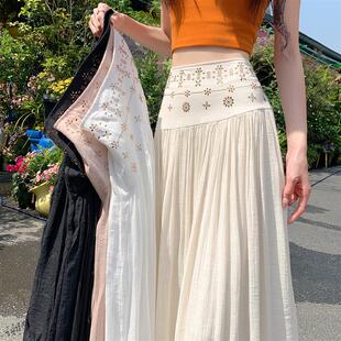 烫钻百褶半身裙女夏季新款高腰显瘦休闲垂感a字长裙棉麻大摆伞裙