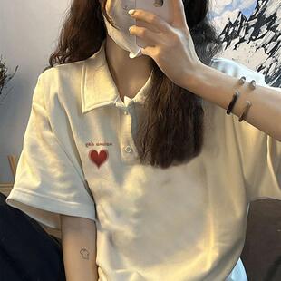 翻领白色t恤女夏季2026新款韩版甜美小清新短袖polo衫宽松上衣潮