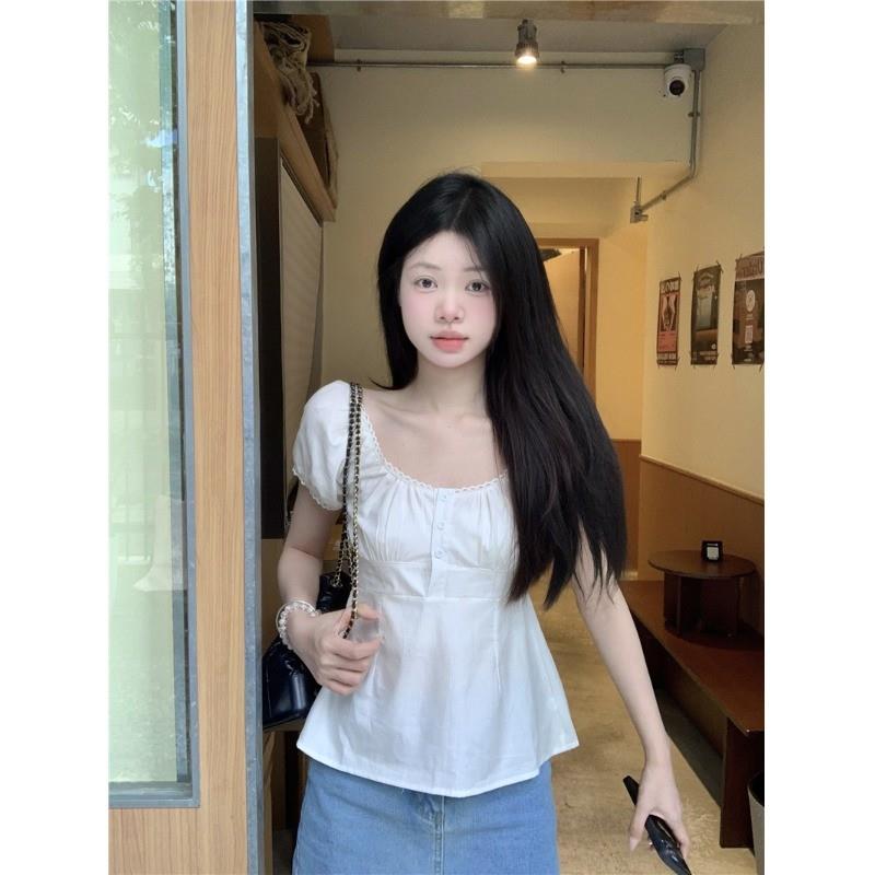 韩系bm风白色花边泡泡袖衬衫女夏季2025新款小衫收腰衬衣短款上衣