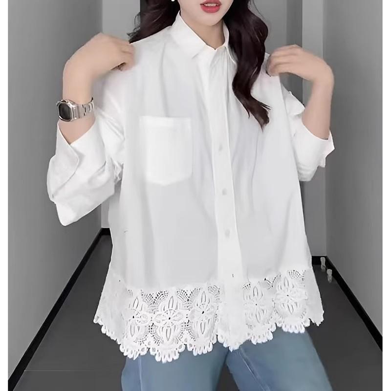 大码女装拼接蕾丝镂空长袖衬衫春季新款微胖mm宽松设计感别致上衣