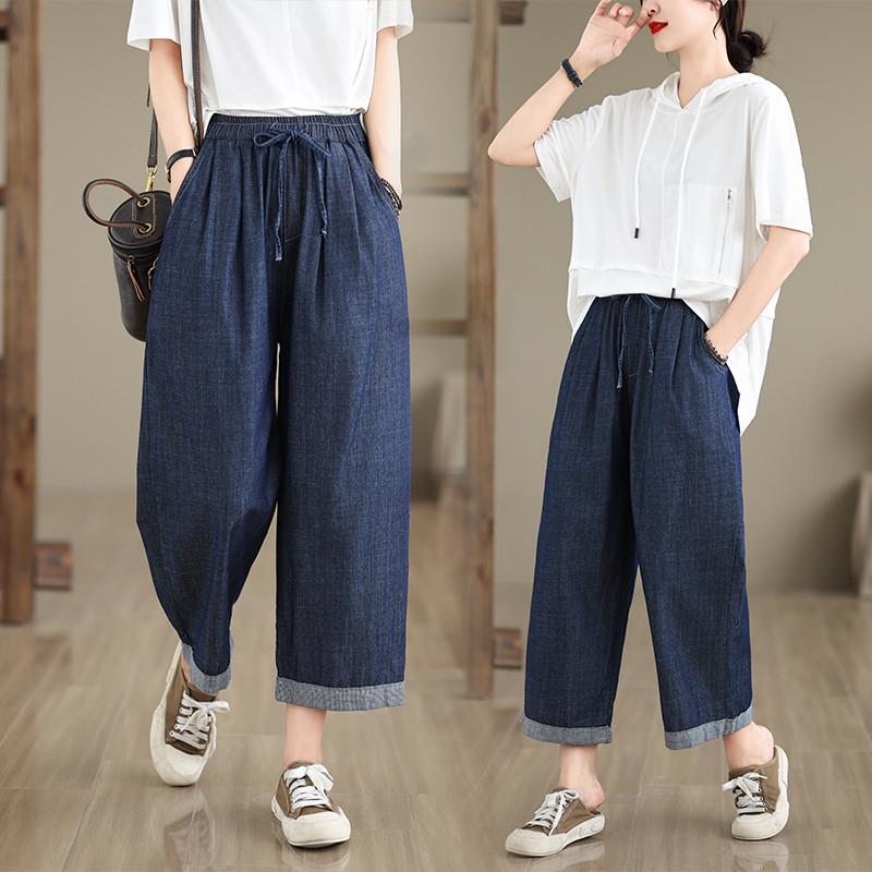 小菲家~ 文艺薄款全棉水洗牛仔裤女松紧腰抽绳直筒显瘦阔腿裤夏季