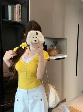 黄色蕾丝拼接v领短袖正肩T恤女夏季设计感小众收腰短款甜辣妹上衣