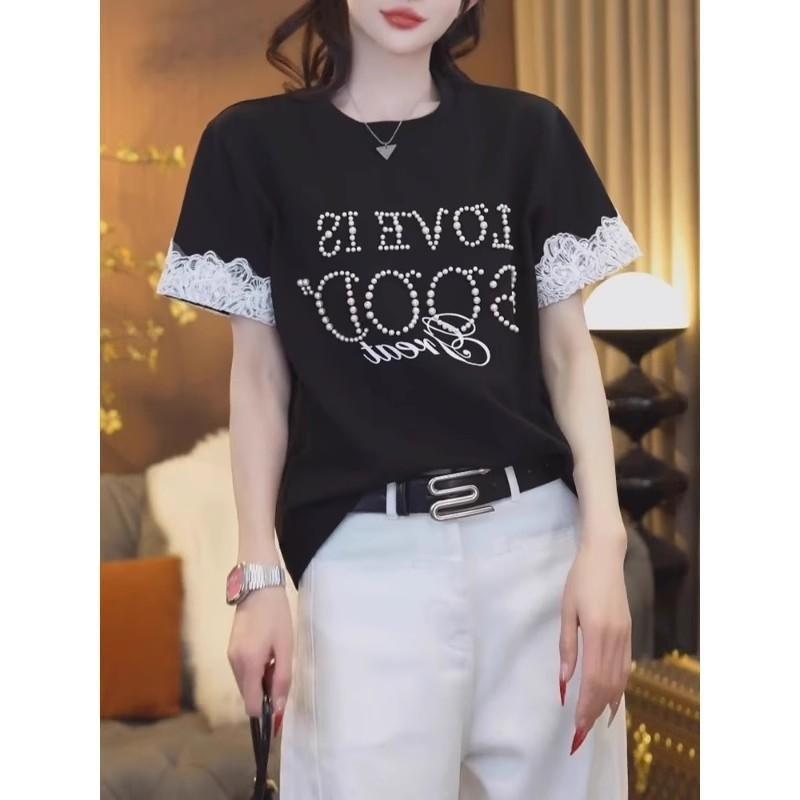 大码重工钉珠蕾丝短袖t恤女2025年夏季新款字母印花黑色宽松上衣