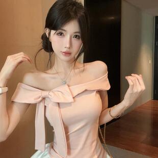 蝴蝶结粉色无袖t恤女性秋季设计纤细的腰甜美的性感女孩利基苗条