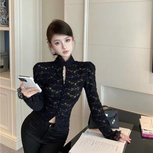 2025秋季新款心机覆古气质修身短款上衣长袖内搭蕾丝打底衫两件套
