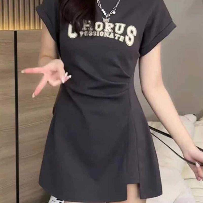 大码女装2025夏季新款印花收腰褶皱小飞袖连衣裙别致绝美T恤短裙