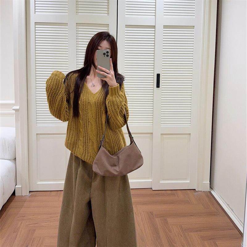 港味秋季韩版显瘦宽松八分休闲裤+套头麻花针织毛衣慵懒风套装女