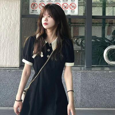 法式茶歇桔梗黑色polo连衣裙女夏季2025新款小香赫本风小个子短裙