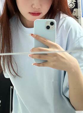 天蓝色纯棉短袖t恤女夏季新款简约韩系ins宽松百搭纯色精梳棉上衣