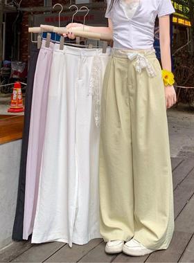 黄色蕾丝腰带休闲裤女夏季高腰宽松直筒垂感薄款阔腿裤小个子长裤