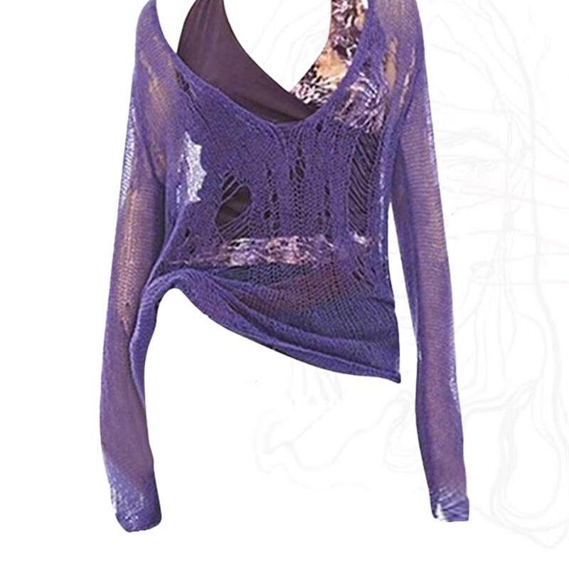 大码胖MM美式辣妹风破洞针织罩衫设计感不规则挂脖背心内搭两件套