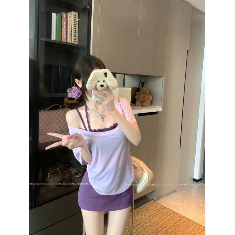 纯欲风辣妹套装紫色微透上衣蕾丝挂脖吊带女夏季包臀半身裙三件套