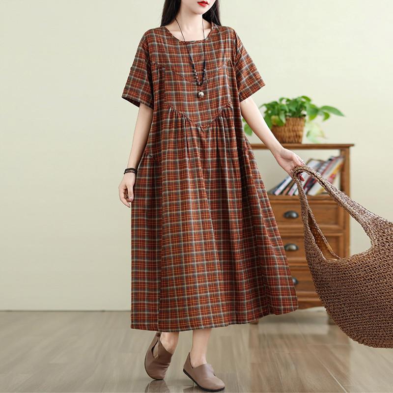 棉麻格子连衣裙女夏季2025新款大摆长裙圆领短袖收腰气质宽松裙子